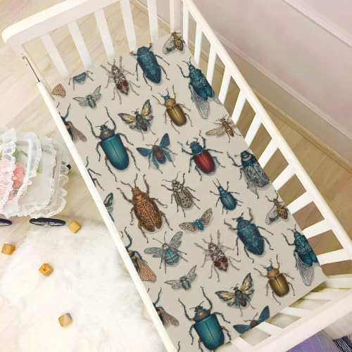 Image of Cartoon Bugs Insect Bettles Crib Sheets Soft Breathable Fitted Baby Crib Sheets Mattress Cover for Girls Boys, 52 inch x 28 inch x 9 inch