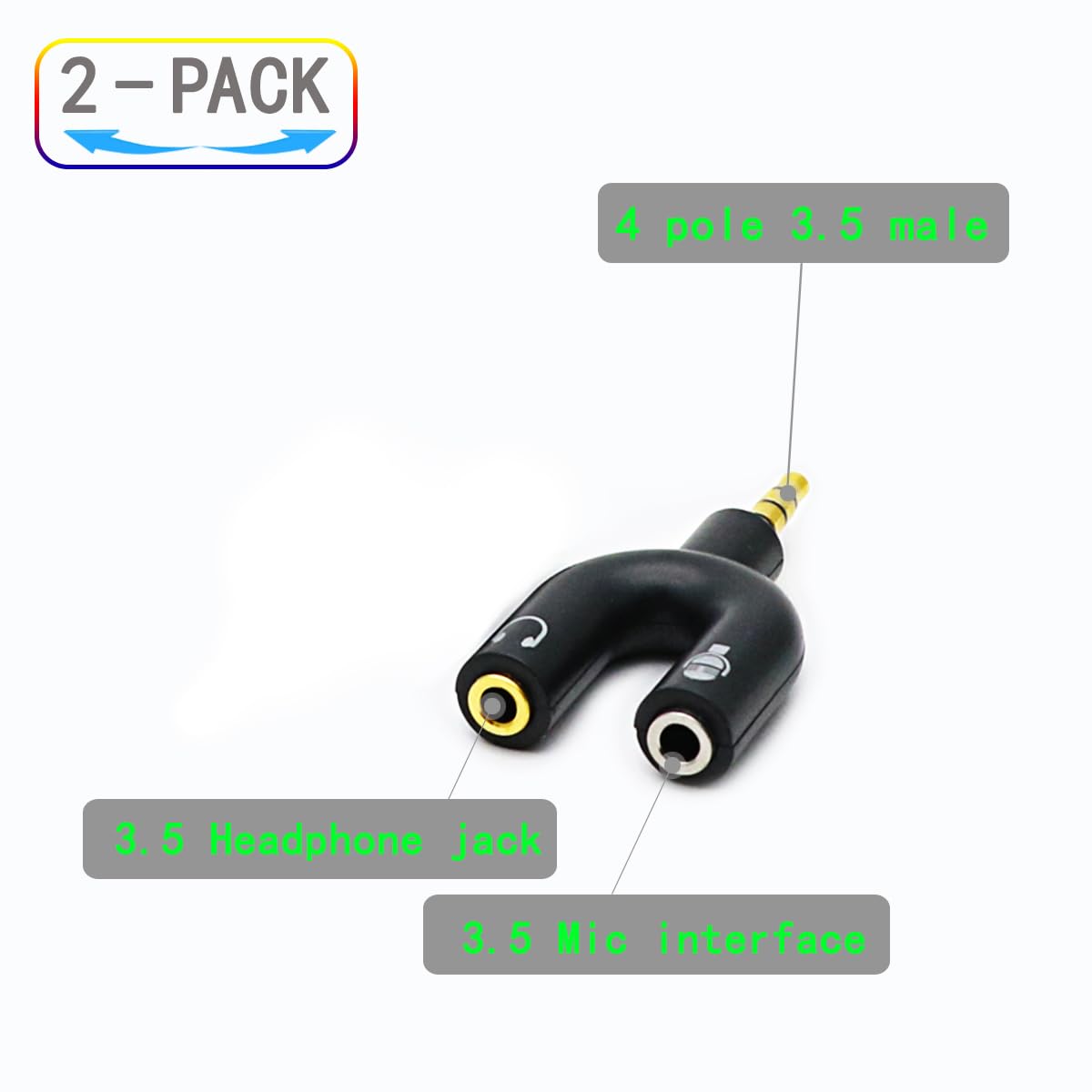 Paquete de 2 adaptadores divisores de auriculares, en forma de U, 3,5 mm, 4 polos macho a 2 conectores hembra de 3 polos, divisor en Y