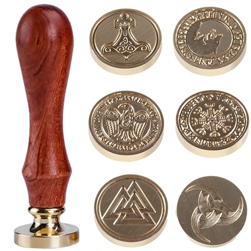 Vegvisir Viking Rune Wax Seal Stamp Set 6PCS Vegvisir Viking Sealing Wax Stamp Heads 0.98''/25mm Custom Wax Stamp 1PCS Wooden Hilt Sealing Stamp Set