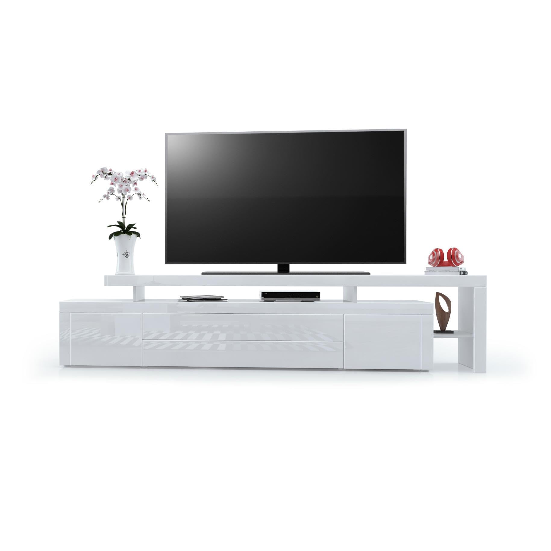 Vladon TV Board Lowboard Leon V3, Made in Germany, Korpus und Überbau in Weiß Hochglanz/Front in Weiß Hochglanz mit Rahmen in Weiß Hochglanz (227 x 52 x 35 cm)