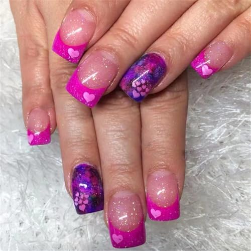 24 個ハートアクリルネイルバレンタインデー付け爪フレンチチップ爪にスティックショートスクエアプレス爪に休日