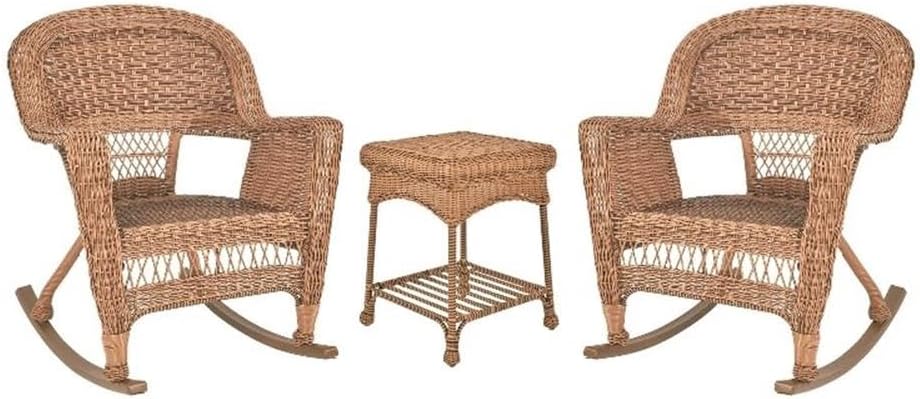 Pemberly Row 3-Piece Resin Wicker Outdoor Patio Rocker Chair Set, Honey Finish, All-Weather Wicker and Steel Frame, Includes 2 Rocker Chairs and 1 End Table, Durable Furniture for Patio or Poolside