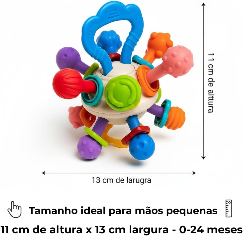 Mordedor Bola Sensorial Montessori para Bebê 0–24 Meses URBANIUS, Texturas Macias e Fácil de Segurar, Fácil Higienização, Estímulo Tato, Visão e Audição, Estímulo à Coordenação Motora, Certificado pelo INMETRO