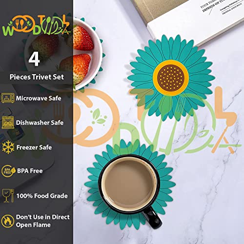 Image of Silicone Trivet Mat - Sunflower Hot Pot Holder Pads - Coasters for Kitchen - Placemat for Hot Dishes - Hot Pads for Table (Set of 4, Meduim, Green)
