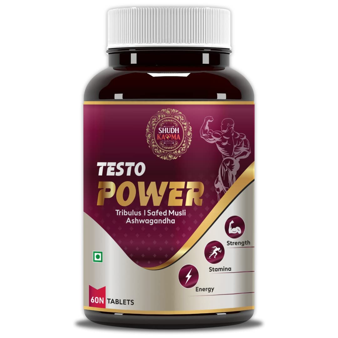 Shudh Kaama Testo Power Natural Testosterone Booster for Men with Tribulus, Ashwagandha and Safed Musli for Strength, Stamina, Energy and Muscle Gain – 60 Tablets