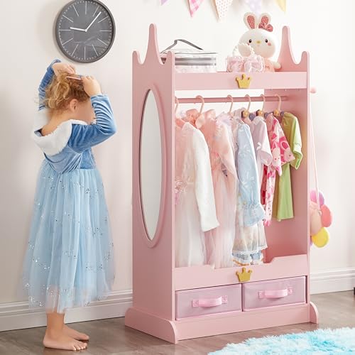 Kids-Dress-Up-Storage-with-Mirror-Kids-Armoire-with-Non-Woven-Drawers-Open-Costume-Closet-with-Hanging-Rack-for-Toddlers-Pink Kids Dress Up Storage with Mirror Kids Armoire with Non Woven Drawers Open Costume Closet with Hanging Rack for Toddlers Pink