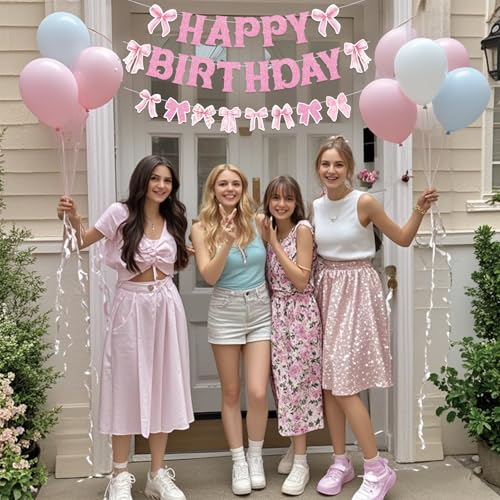 Image of Pink Bow Happy Birthday Banner for Coquette Party Decorations Bow Garland Bunting for Girls Party Decor Favor Supplies