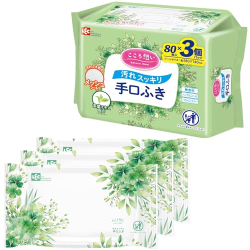 レック(LEC) こころ想い 大人用 手口ふき 80枚×3P / 丈夫なシートでしっかり拭ける/日本製/無香料/茶葉エキス配合