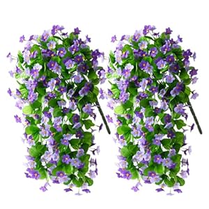 2 Pack Fall Artificial Hanging Flowers, Fake Fall Flowers Hanging Plant Violet Flower, Artificial Faux Silk Flowers Fall Florals for Wall Garden Wedding Outdoor Decoration(Dark Orchid)