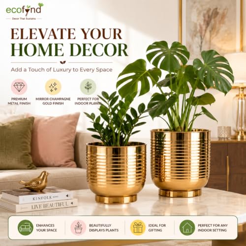 Image of ecofynd 2 Pack Metal Plant Pots (7 inch, 8 inch L), Indoor Small Planter Flower Pots, Home Garden Decor Planter for Living Room Bedroom Interior (Gold Finish, POT049)