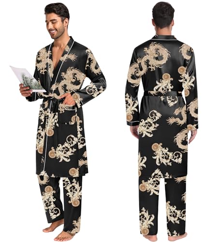 Image of SWOMOG Mens 3 PCS Satin Robe with Pants & Shorts Set Kimono Bathrobe Long Sleeve Sleepwear Pjs Sets with Pockets