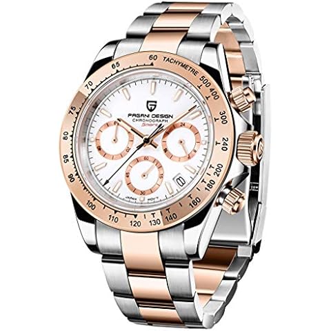 Pagani Design Men’s Watches Full Stainless Steel Analogue Quartz Wrist Watch for Men Daytona Homage Luxury Waterproof Dress Wristwatch Auto Date, Steel-Rose gold white Cover