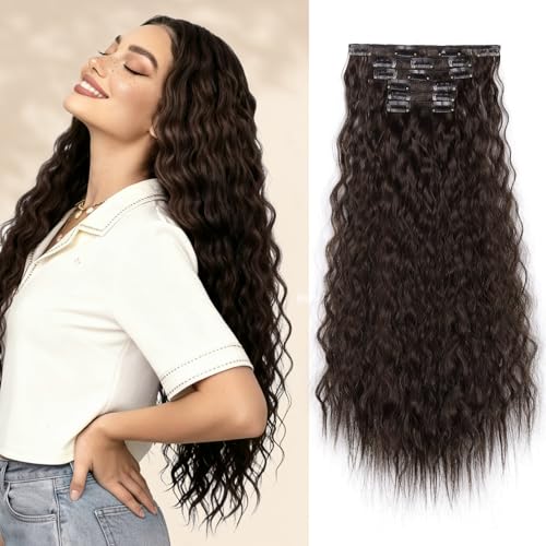 6Pcs Curly Extensions Clip in Chestnut Brown Hair Extensions Clip ins 24 Inch Long Wavy Synthetic Hair Extensions (6Pcs,24Inch,4/33#)
