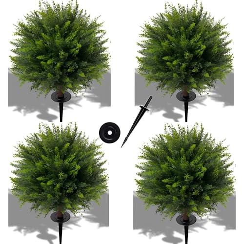 NSOPB 24.5 Inch (H) Artificial Cedar Topiary Ball Trees, Set of 4 Fake Shrub Bushes with Ground...