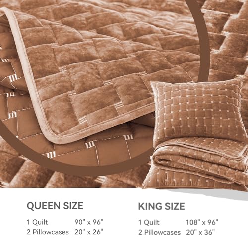 Image of Grassix Velvet Quilt Set Queen Size, Luxury Geometric Design, Burnt Orange | Lightweight Velvet Comforter with 2 Pillow Shams, Ultra Soft Bedspread Coverlet, Quilted Bedding Set for All Seasons, 90 inchx96 inch