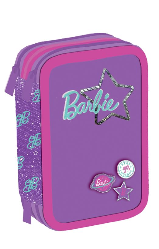 Astuccio a 3 Scomparti per Bambina da Scuola Elementare, 44 Pezzi a Tre Zip con Portapenne – Barbie