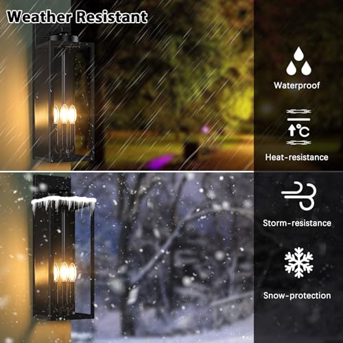 Image of BesLowe 20'' Large Outdoor Wall Lights, Modern Black Exterior Wall Lanterns | Waterproof Metal Construction, Rust-resistant, Quick & Easy Installation, Clear Glass Shades & E12 Socket