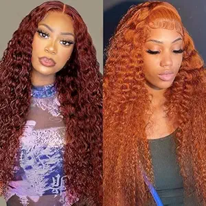 Reddish Brown 13x4 Deep Wave Lace Front Wigs 26 Inch+Ginger Orange 13x4 Deep Wave Lace Front Wigs 30 Inch
