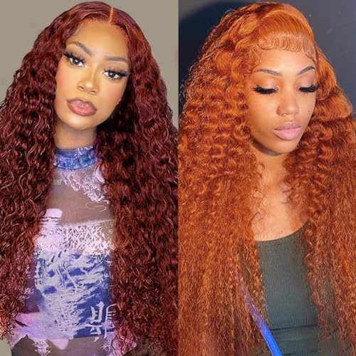 Reddish Brown 13x4 Deep Wave Lace Front Wigs 26 Inch+Ginger Orange 13x4 Deep Wave Lace Front Wigs 30 Inch