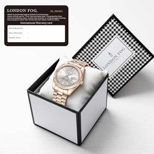 Image of London Fog Oxford Collection Analog Quartz Watch for Men with Round Dial and Stainless Steel Strap, Fluted Metal Case, Day & Date Display, Luminous Hands & Hour Markers & Water Resistant