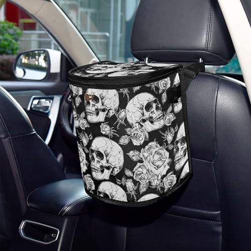 Image of MNSRUU Car Trash Can with Lid, Gothic Skulls and Flowers Car Trash Bag Hanging Organizers and Storage for Front Back Seat, Leak-Proof Trash Bin