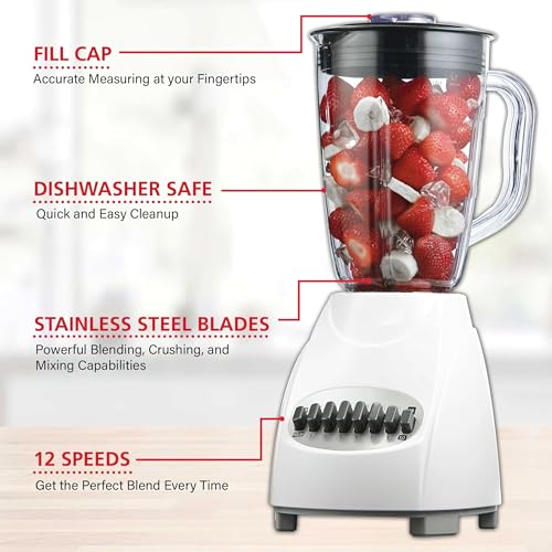 JB-220W Blender, White; 12 Speeds + Pulse; Stainless Steel Blades; Includes 50oz Plastic Jar with Lid/Fill Cap; 550w; Non-Slip Base