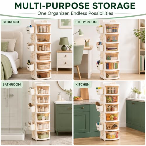 Image of Homeor 6 Tier Plastic Storage Drawer Cabinet with Wheels, Modular Chest of Drawers Organizer with Side Basket & Handle, Storage Trolley Rack for Home, Kitchen, Bedroom, Kids Room (Ivory Transparent)