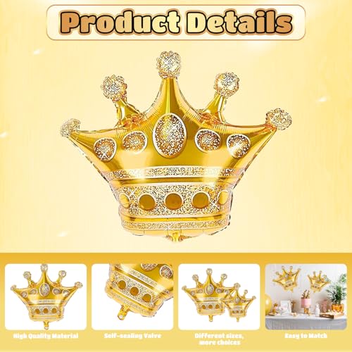 Image of 10pcs Gold Crown Balloons, Gold Crown Foil Balloons, Large Aluminum Foil Balloon With Two Sizes For Birthday Baby Shower King Royalty Theme Party Wedding Bachelorette Engagement Decorations