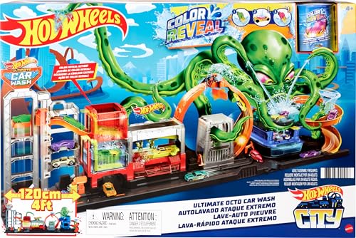 Hot Wheels HBY96 - City Color Reveal Ultimative Auto-Waschanlage Spielset mit Wassertanks und 1 Farbwechsel-Fahrzeug, Spielzeug Autorennbahn für Kinder ab 4 Jahren