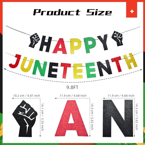 Image of Happy Juneteenth Banner - Pre-Strung Glitter Red Green Black Gold Garland with Fist Signs Honoring 1864 for Freedom Day Party, Juneteenth Celebration, African American Independence Decor, and Emancipation Day Decorations