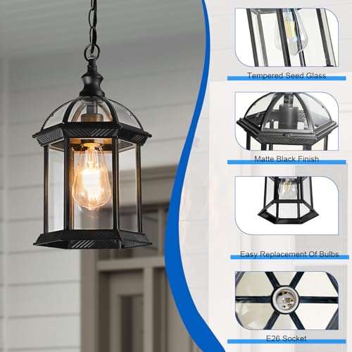 Outdoor Pendant Light Fixtures for Porch Front Door Patio Foyer Entryway Kitchen Island, Waterproof Farmhouse Exterior Hanging Lights with Adjustable Chain Anti-Rust Ceiling Mount Lantern(1 Pack)