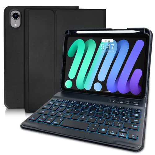 YUEJIDZ iPad Mini 6 Étui Clavier 2021,AZERTY 7 Couleurs Rétroéclairé Clavier Détachable Mince Folio Smart Cover pour iPad Mini 6ème Génération 8,3 Pouces, Porte-Crayon Intégré - Étui iPad Mini 6 Cover