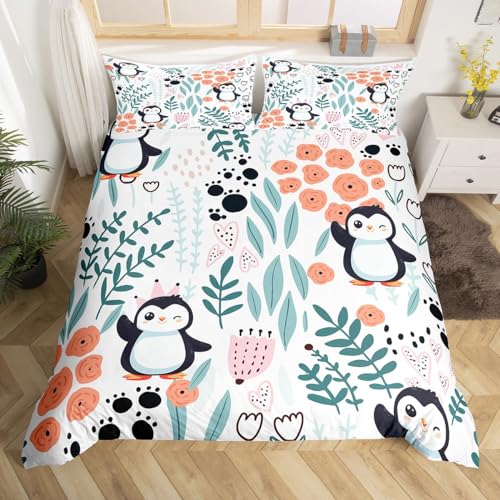 Homewish Housse de Couette 140x200 Enfant Pingouin Kawaii, Parures de Lit Enfants Dessin Animé Pingouin, Sets de Housses de Couettes Mignonne Fleur À...