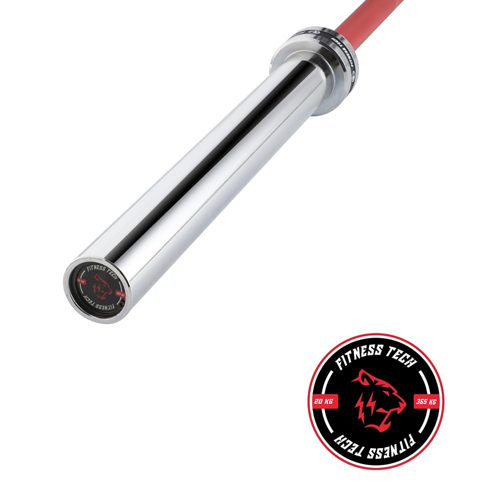 Barra olimpica professionale 220 cm - 50 mm - 4 cuscinetti - Carico massimo 365 kg - 20 kg - Powerlifting, cross training e sollevamento pesi - colore rosso - Fitness Tech