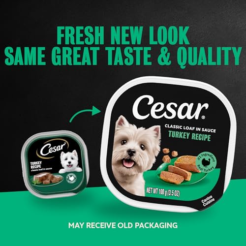 Image of Cesar Classic Loaf in Sauce Wet Dog Food, Turkey Recipe, 3.5 oz, 24 Count | Made in USA, Real turkey #1 ingredient, no fillers, no added sugar, no artificial flavors, slow-cooked, easy peel trays