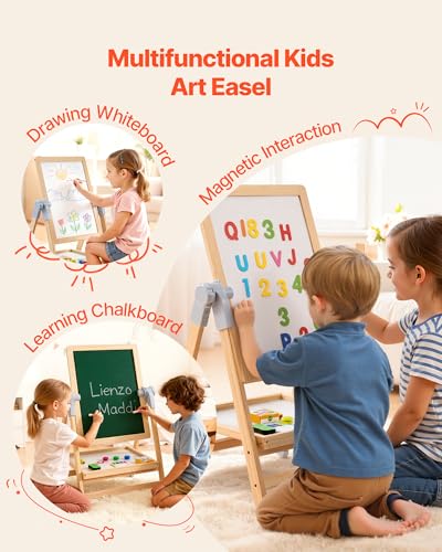 Image of VEVOR Art Easel for Kids, 2-in-1 Wooden Double-Sided Kid's Art Easel with Magnetic Whiteboard & Chalkboard, Adjustable Standing Rotatable Foldable Drawing Board with Painting Accessories for Boy Girl