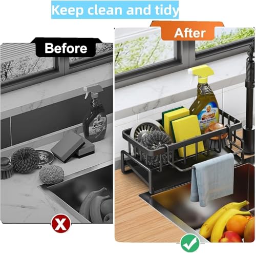 Image of BELOXY Metal Sponge Holder for Kitchen - Auto-Draining Organizer Caddy with Soap Tray, Dish Brush Holder & Towel Bar - Large Capacity Kitchen Sink Storage Rack (Matte Black)