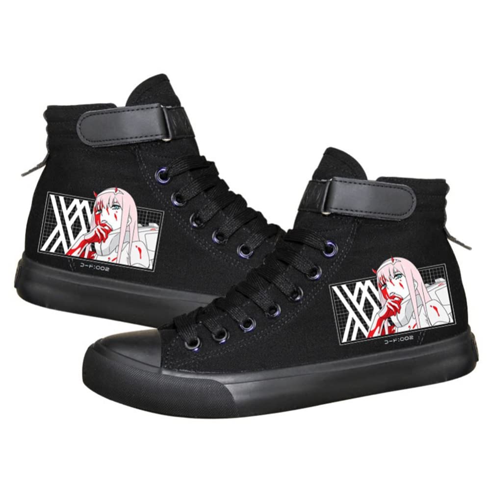 JiumaocleuJiumaocleu Anime Canvas Shoes, DARLING in the FRANXX Printing Sneakers Unisex Casual Hi-Top Trainers, Zero Two Cosplay Lace Up Flat Sport Shoes for Teenager