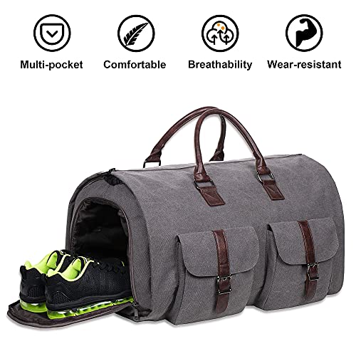 Image of Carry On Garment Bag, Waterproof Mens Garment Bag for Travel Business, Large Canvas Duffel Bag with Shoe Compartment -Grey