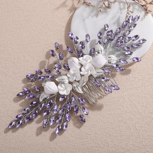 Peine para cabello con cristales y flores moradas miniatura 1