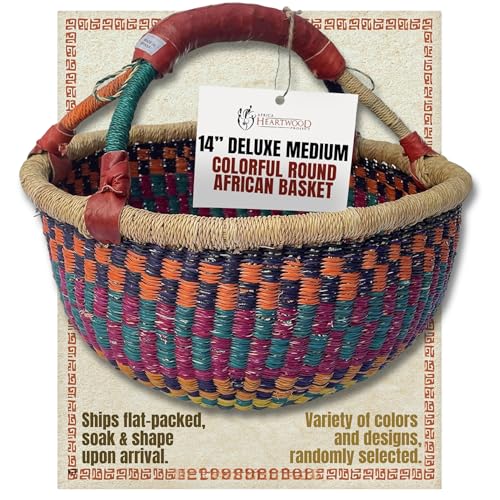 Africa Heartwood Project - Deluxe Colorful African Basket with Leather Handle - Handmade from dried Elephant Grass Hand-Woven by Women in Bolgatanga Ghana - Medium 14 Round Flat-packed