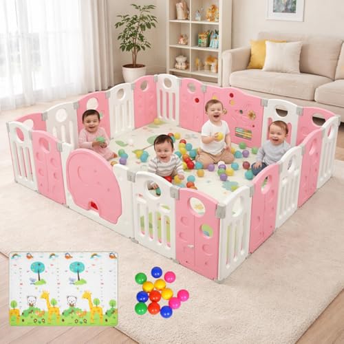 Image of 18 panel Playpen for Babies upto 5 year with Mat and Balls Foldable Baby Play Area Indoor Setup Play Yard Fence for Toddlers Kids Playarea Setup Outdoor Children Play Pen with Gate Baby Playpen(6 * 6 FT=36 SQFT, Pink)