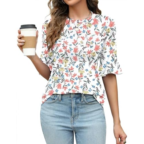 Rapbin Womens 3/4 Length Sleeve Tops Loose Fit Casual Crew Neck Shirts Ruffle Tunic Blouses White Floral Small