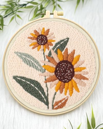 Image of ERKOON Punch Needle Kit Adults Beginners, 2 Pcs DIY Easy Flower Embroidery Set for Starter Art Craft, Needling Punching Project with Patterns, Tools, Yarns, Hoop, Instruction (Sunflowers & Tulips)