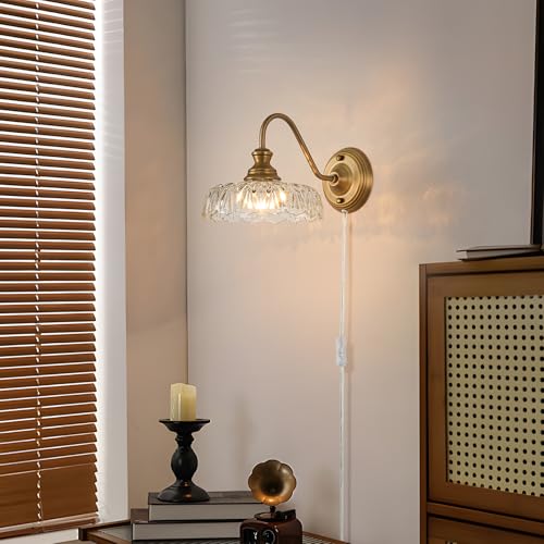 Image of HDDFL Vintage Plug in Wall Scone Bedside Wall Lamp Plug Corded Matte Brass Bedroom Light Fixtures in Door Lighting Fixture for Living Room Hallway Corridor