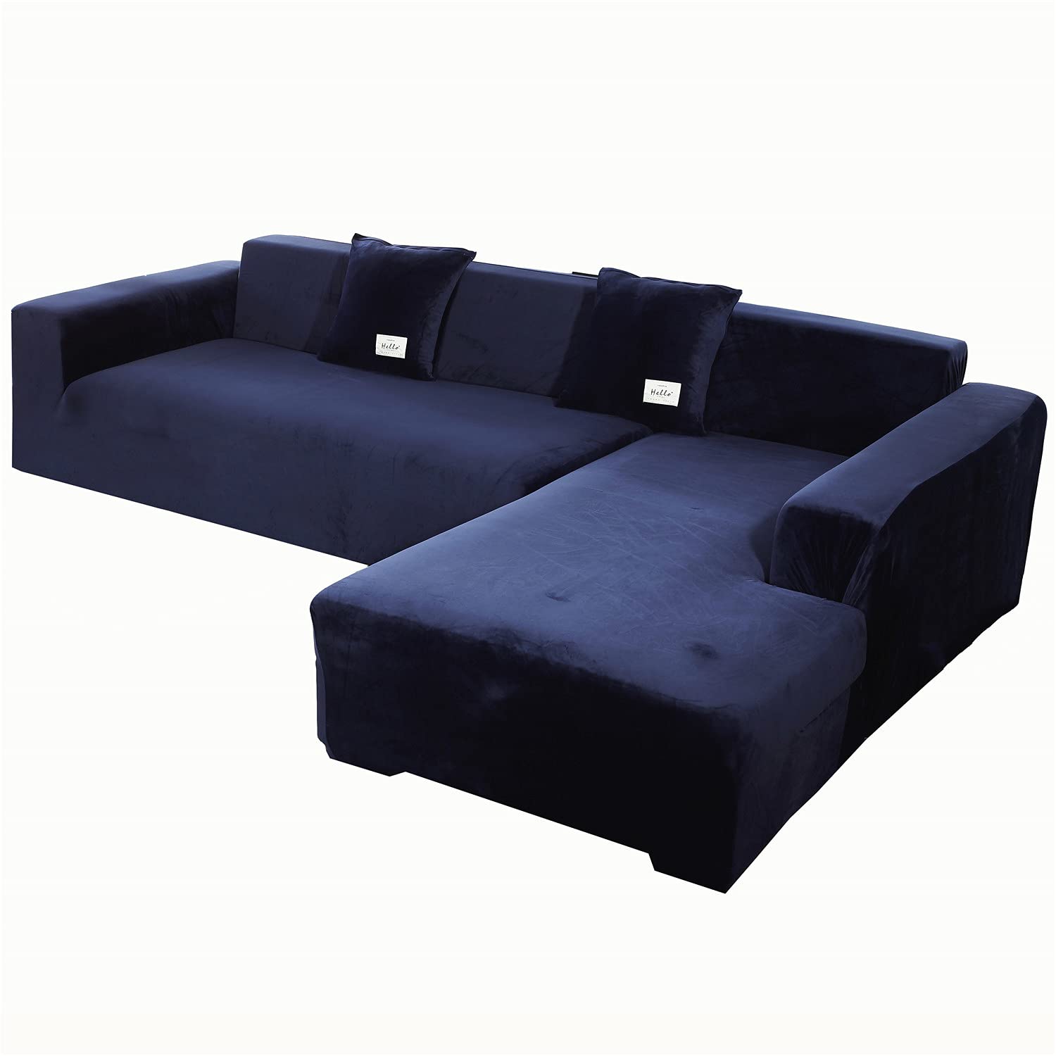 Luxe fluwelen bankhoes stretch 2-delig L-vormige bankhoes antislip sectionele hoekbank hoes elastische stof wasbare meubelbeschermer-blauw 3 3 zitplaatsen