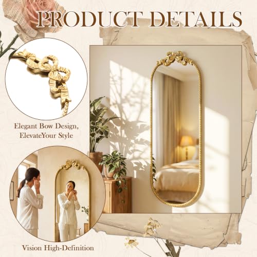Image of Vercraft Gold Bow Mirror 47 inch X 16 inch Vintage Arched Vanity Wall Decorative Mirror with Metal Frame Antique Baroque Bow Decor for Home Dressing Table Entryway Bathroom Hallway Living Room