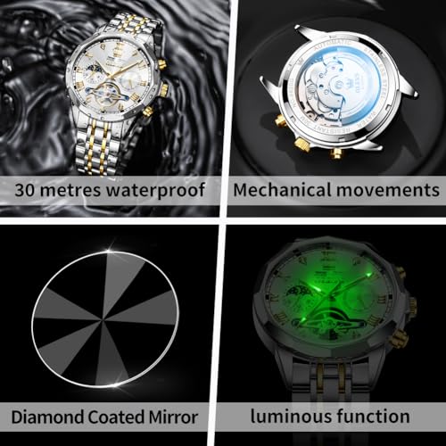 Image of OLEVS Watch for Men Automatic Classic Mechanical Watch Diamond Mirror Stainless Steel Dress Casual Waterproof Day /Date Calendar