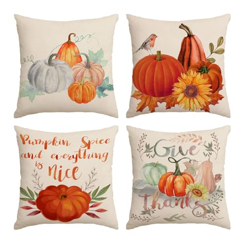 YeeJu Juego de 4 fundas de almohada decorativas para otoño de la cosecha de calabaza, para otoño, Acción de Gracias, de algodón, fundas de cojín de lino, para sofá, sofá, hogar, 22 x 22 pulgadas