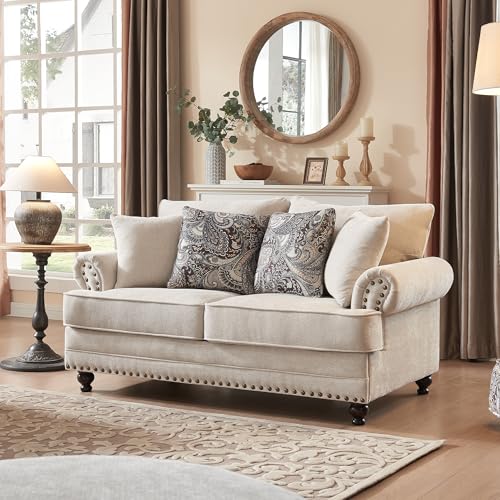 Image of Modern Farmhouse Loveseat Sofa, Chenille Upholstery with Nailhead Trim, Small Couch for Living Room, Bedroom, Office, or Apartment, Includes 4 Accent Pillows